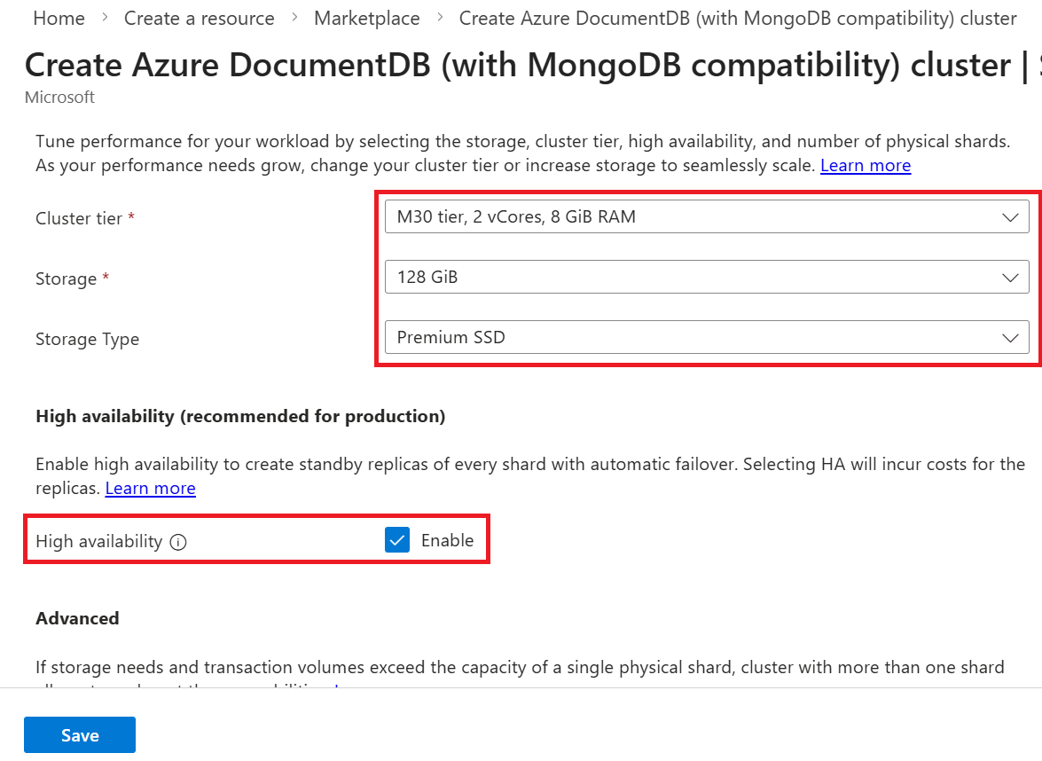 Screenshot of configuration options for compute and storage for a new Azure DocumentDB cluster.
