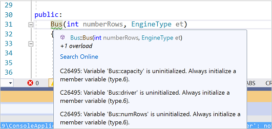 Code analysis warning Screenshot of a Code analysis tooltip.