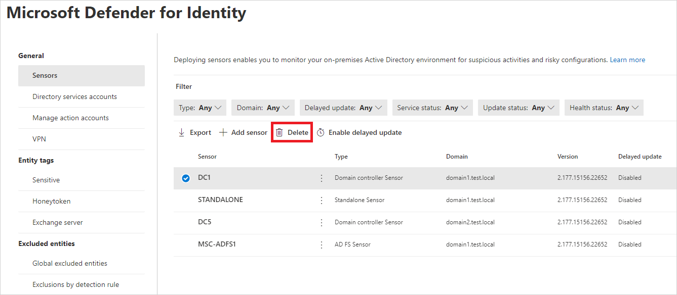 Screenshot of the Defender for Identity sensors page showing the delete option for an orphaned sensor.