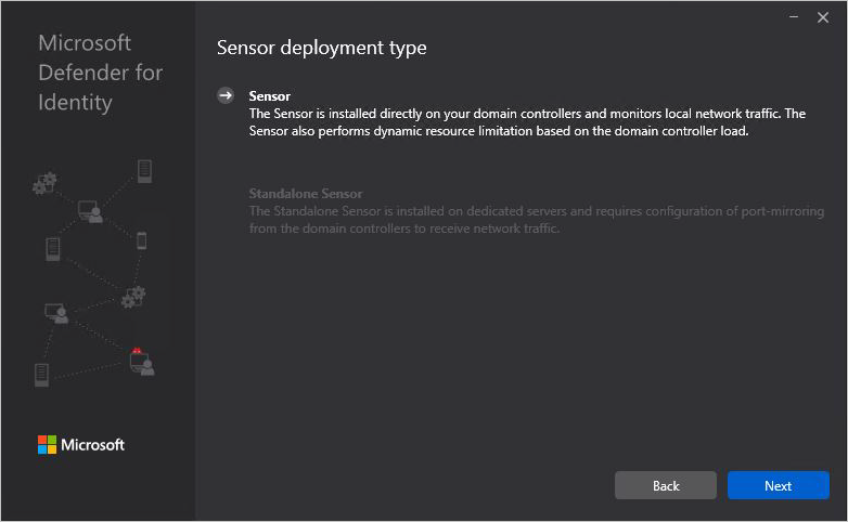 Screenshot of the deployment type page showing that the Defender for Identity sensor is selected for installation on a domain controller.