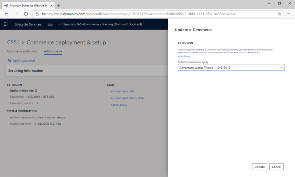 Screenshot of Update e-commerce dialog box in LCS project dashboard.