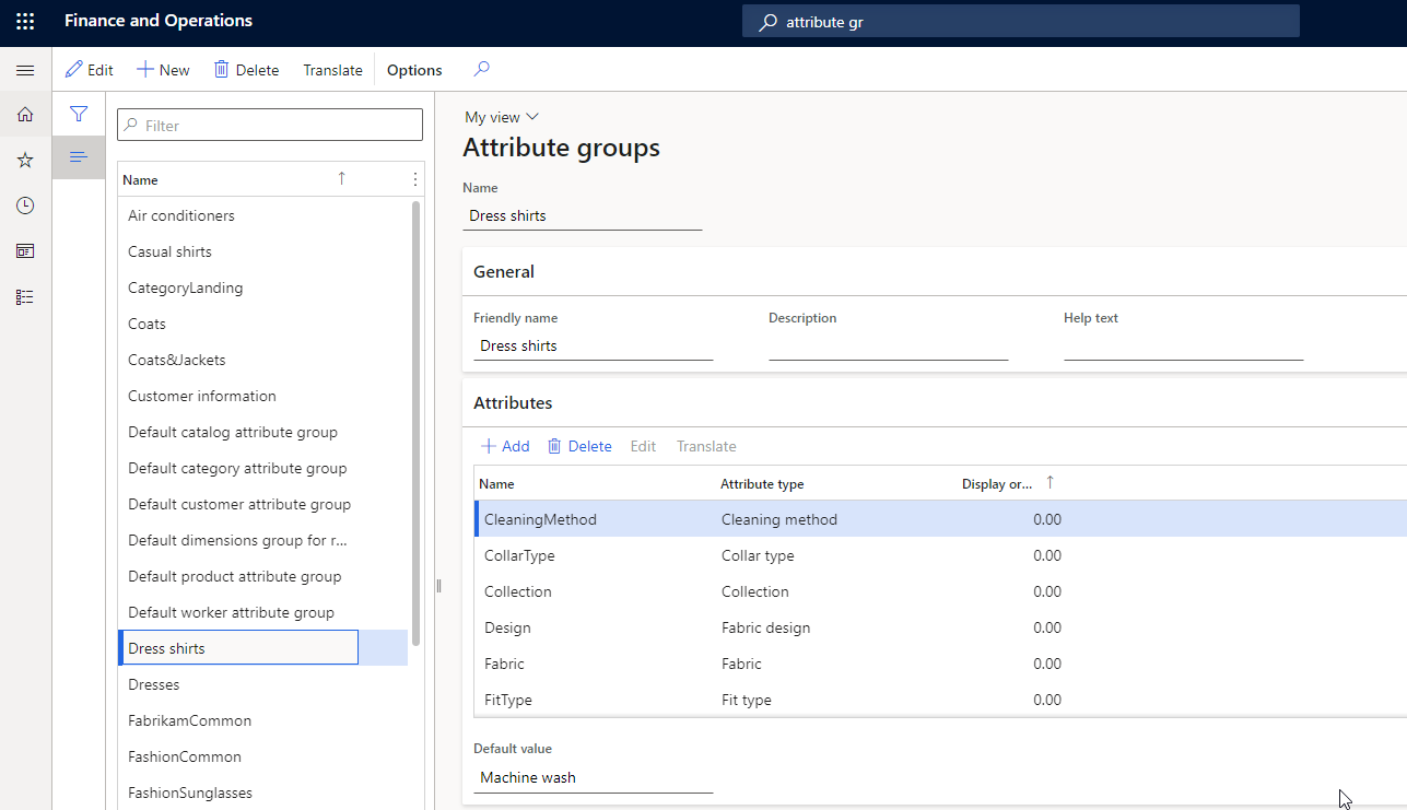 Screenshot of the Attribute groups page in Commerce headquarters.
