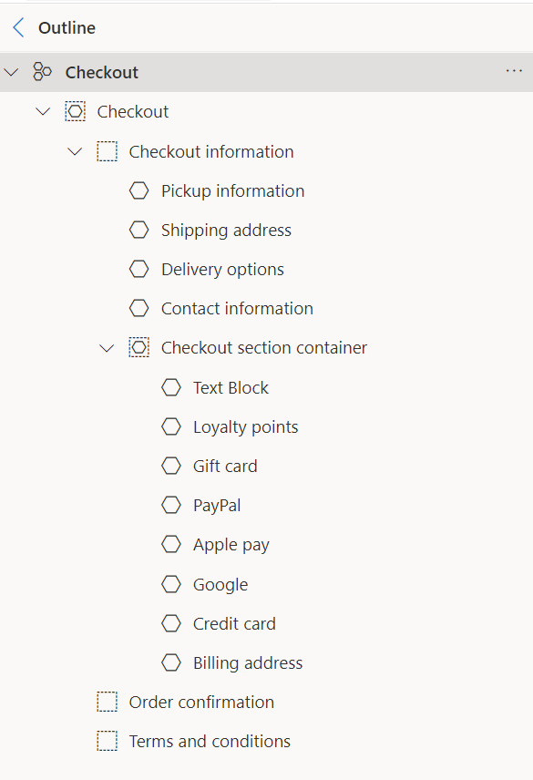 Screenshot of the common checkout module setup tree view in Commerce site builder.