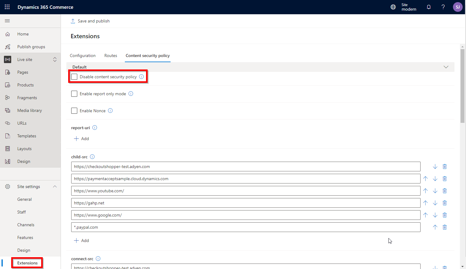 Screenshot of the Disable content security check box on the Content Security Policy tab.
