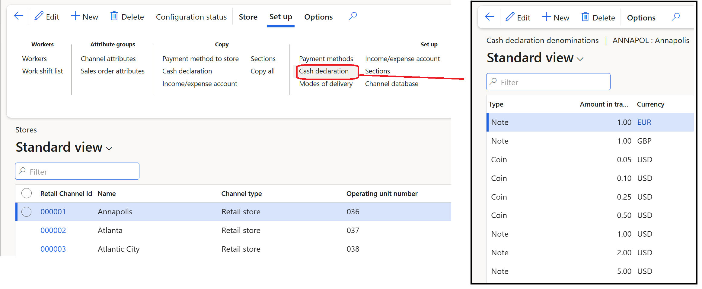 Screenshot of the Cash declaration page showing denominations for multiple currencies.