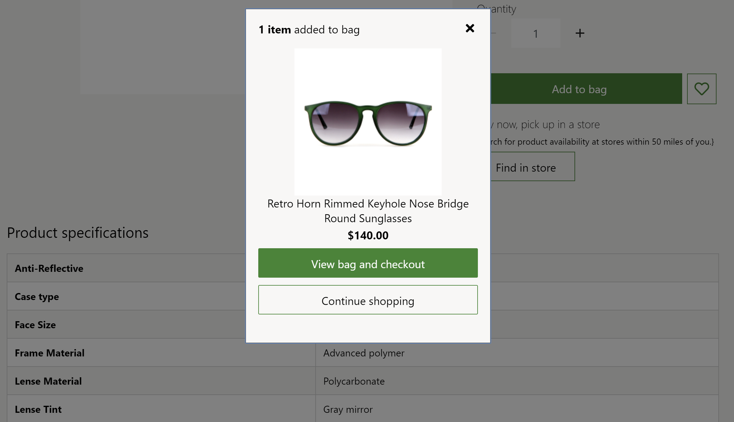 Screenshot of an added to cart confirmation notification on the Fabrikam site.