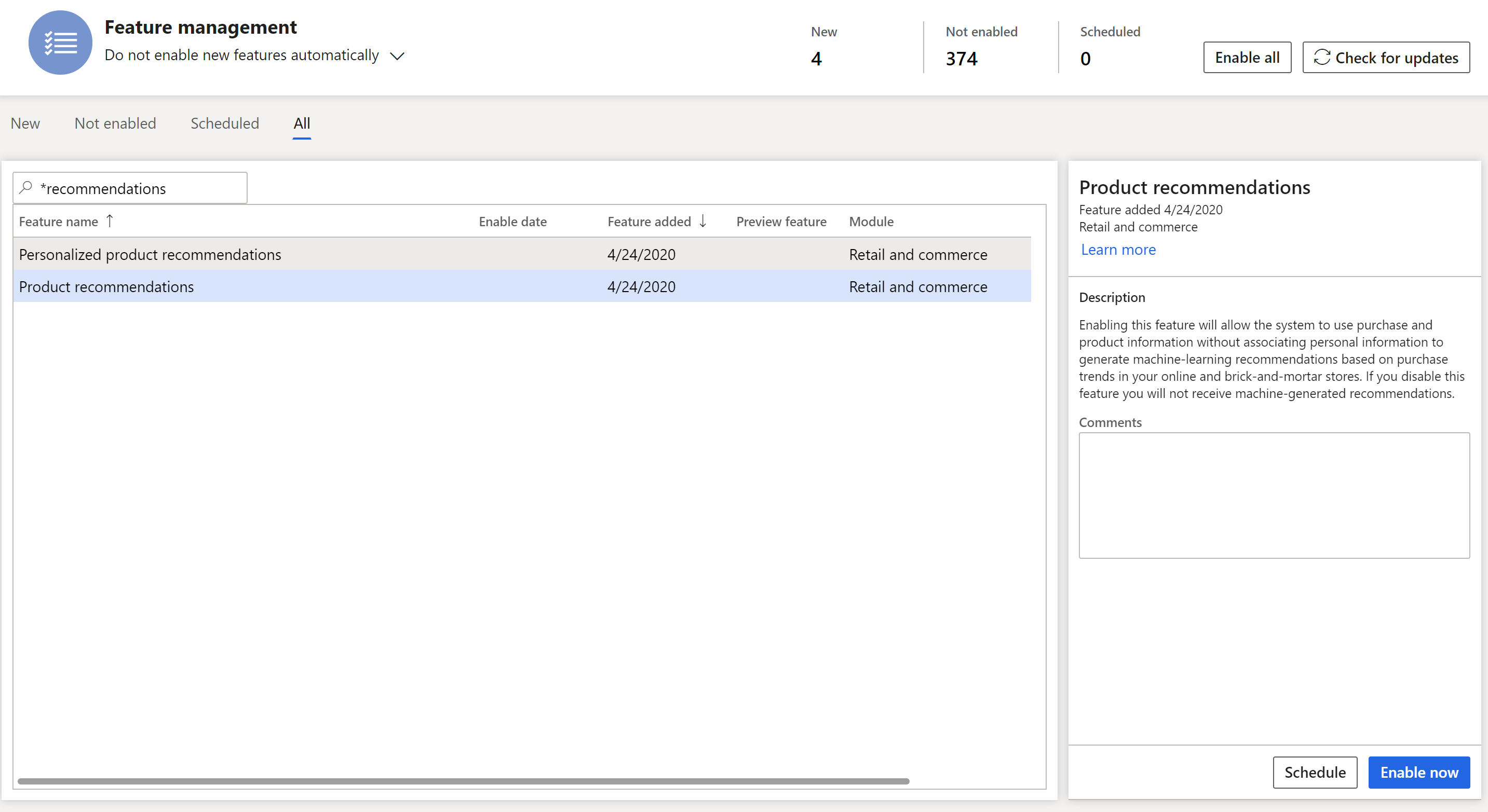 Screenshot of turning on recommendations.