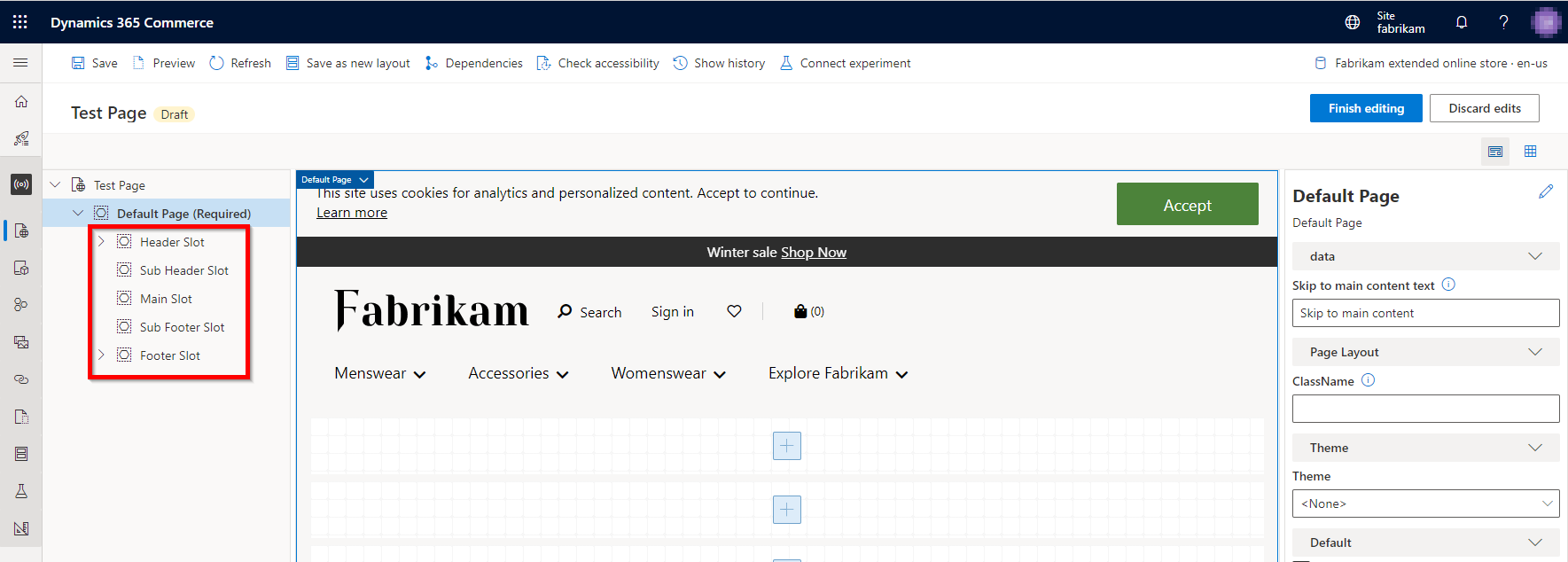 Screenshot of page module slots in Commerce site builder page editor.