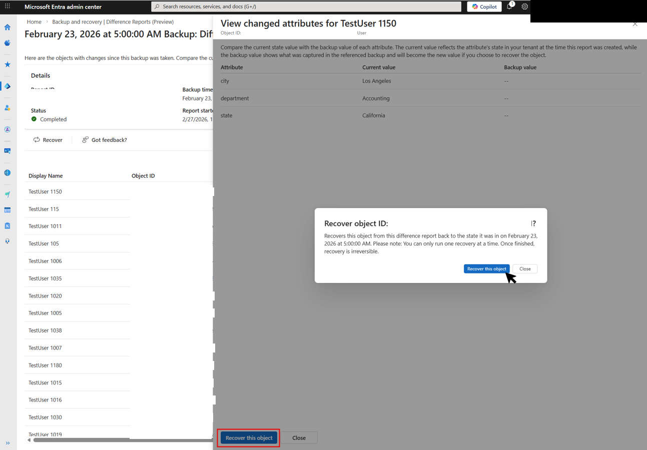 Screenshot of the View changed attributes panel for a user object, with a confirmation dialog asking to recover the specific object.
