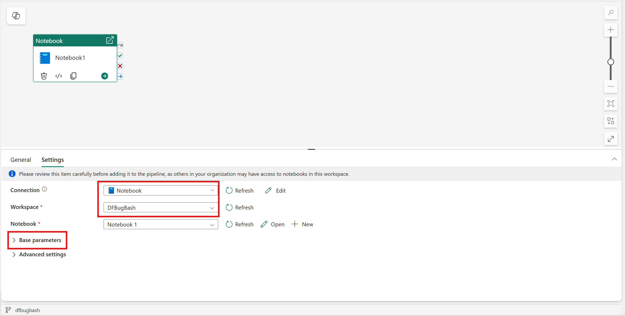 Screenshot showing the Notebook settings tab highlighting the tab, where to choose a notebook, and where to add parameters.