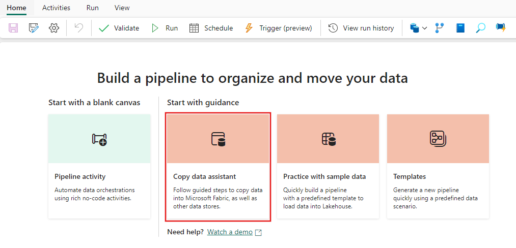 Screenshot showing the Copy data button on a new pipeline.