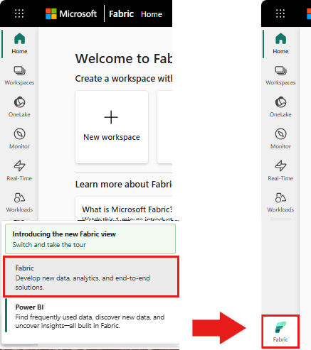 Screenshot that shows the selection of Fabric on the experience switcher menu.