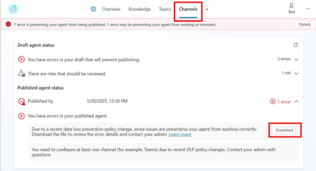 Screenshot of Copilot Studio showing publishing errors for an agent, with the Download and Channels labels highlighted.