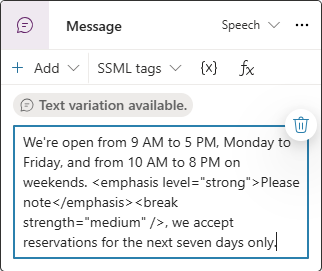 Screenshot of a speech message with SSML tags.