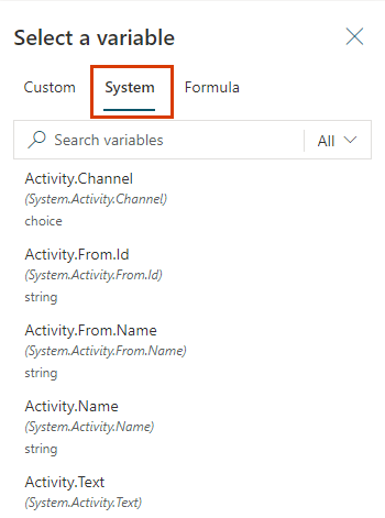 Screenshot of system variables in a topic.