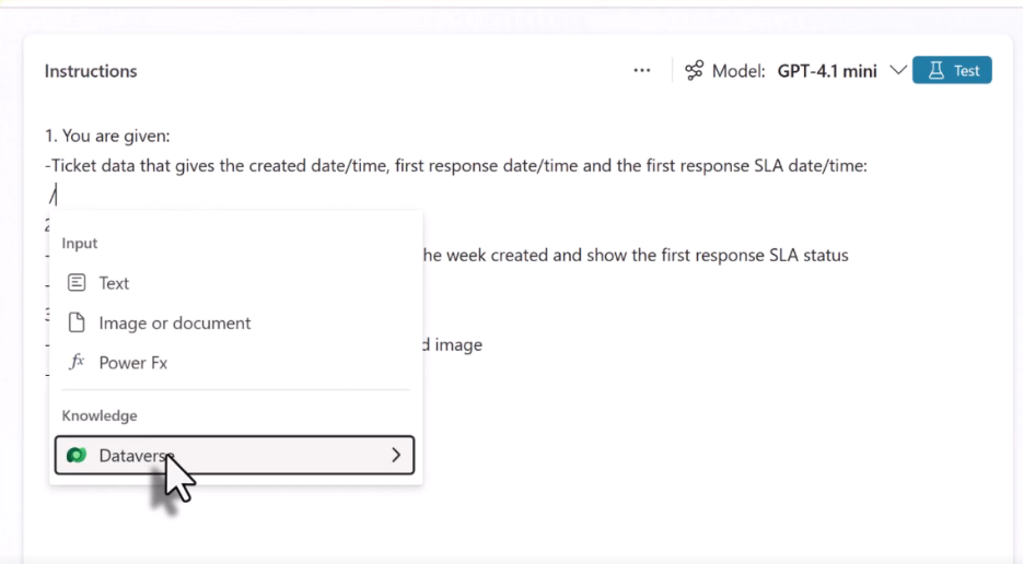 Screenshot of linking the prompt to relevant Dataverse tables.