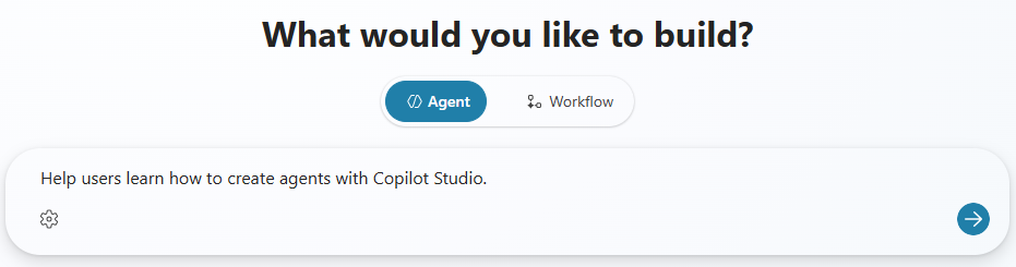 Screenshot of the area where you can describe your agent on the Home page of Copilot Studio.