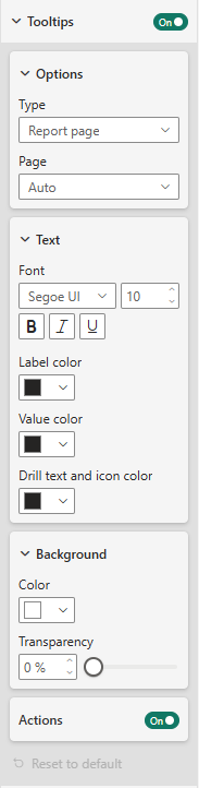 Screenshot of the Visualizations pane Tooltips dropdown menu.