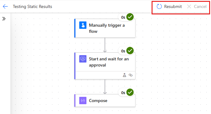 Screenshot of a flow run instance, with the Resubmit and Cancel actions highlighted.