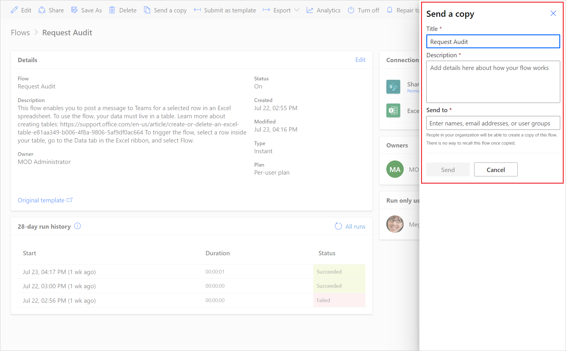 Screenshot of 'Send a copy' details.