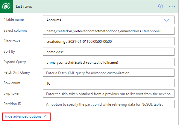 Screenshot of advanced options in the List rows card.