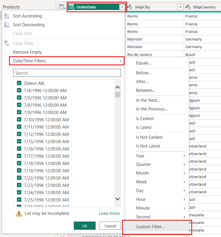 Screenshot of column context menu with Custom Filter selected