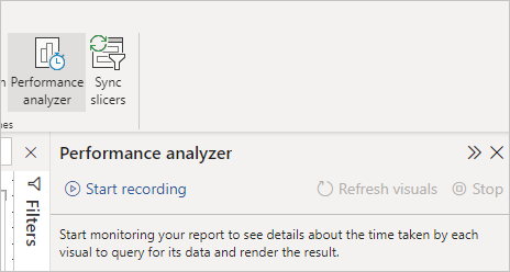 Screenshot of the Performance Analyzer pane in Power BI Desktop.