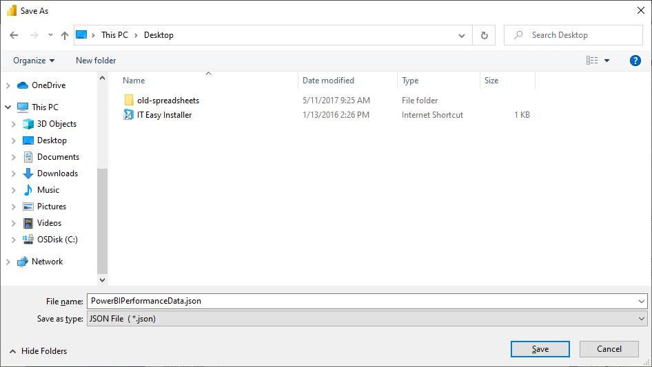 Screenshot of the Save As window showing the creation of a JSON file.