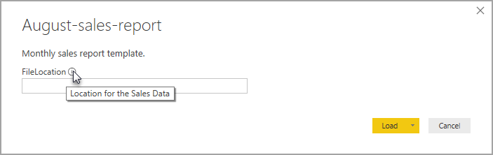Screenshot of a dialog for an example parameter where you specify the location of the underlying report data.