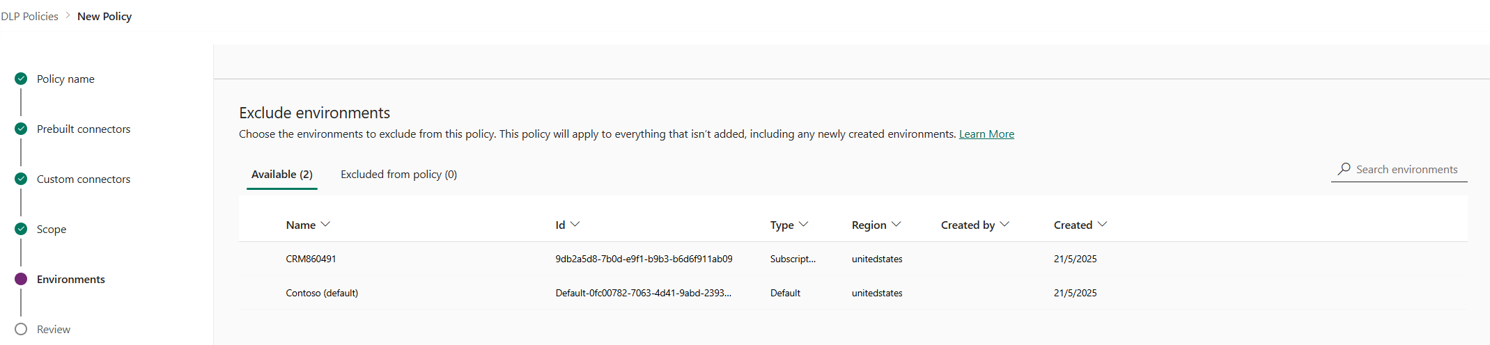Exclude environments.