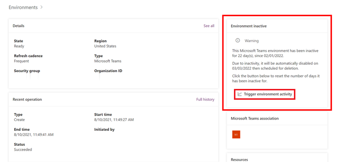 Screenshot of the inactive environment alert on the Environment page, with the Trigger environment activity checkbox highlighted.