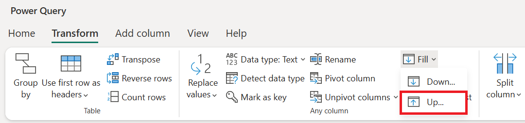 Screenshot of the Fill up option on the Transform tab.