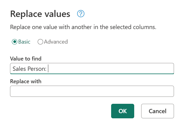 Screenshot of the Replace values operation to replace the Sales Person: text string inside Sales Person column with a blank.