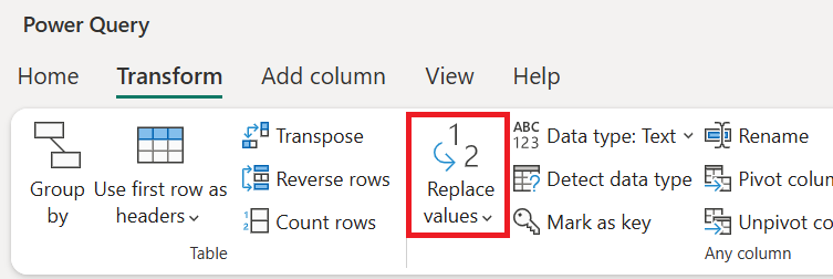 Screenshot of the Replace values option on the Transform tab.