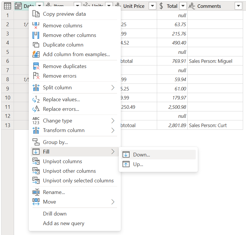 Screenshot of the column shortcut menu for the fill down operation.