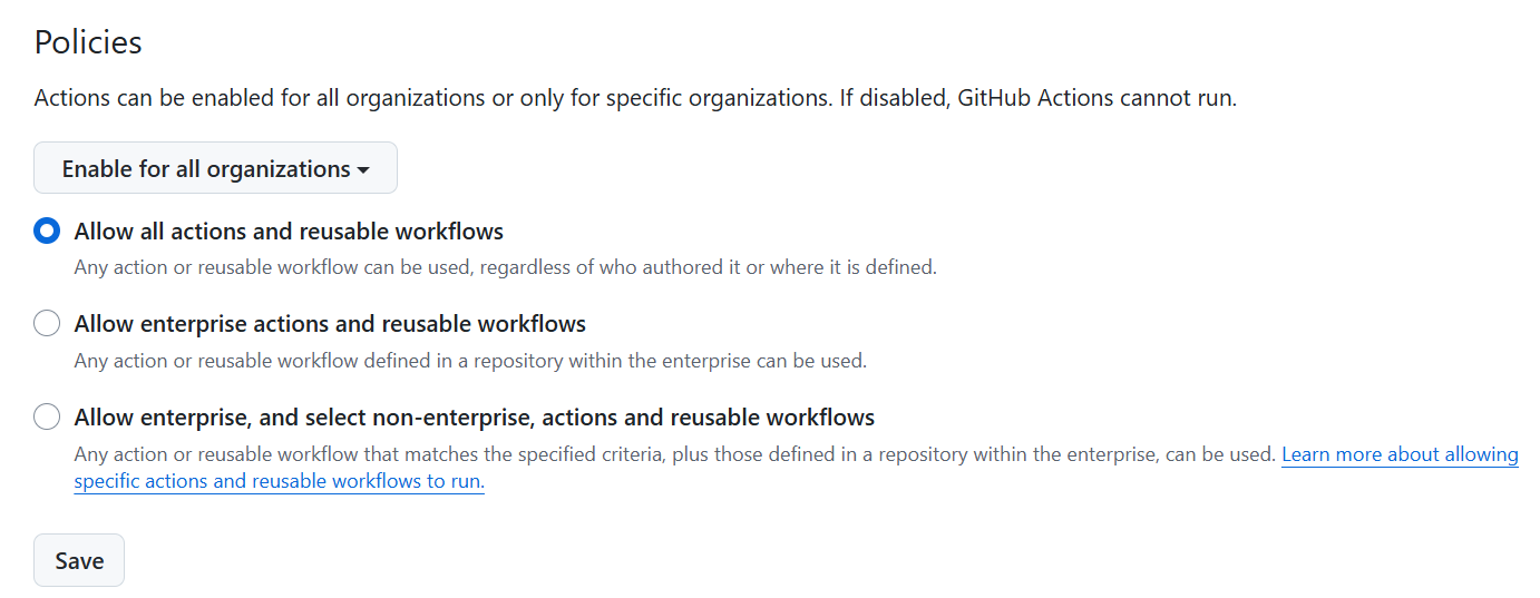 Screenshot of the Actions screen with default options selected.