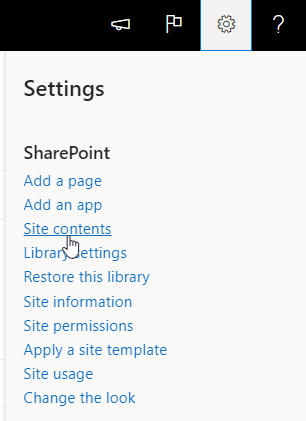 Screenshot shows selecting the Gear icon at the top-right corner of the window and selecting Site contents from the drop-down menu.