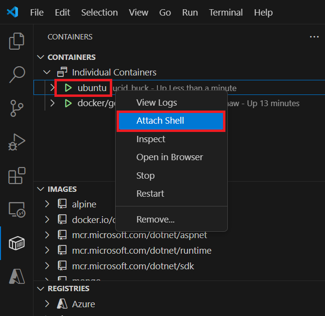 Screenshot shows the Container Tools extension with a container selected and a context menu with Attach Shell selected.