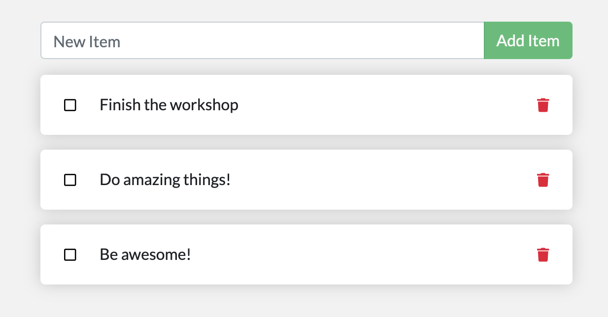 Screenshot shows the sample app with several items added to the list.