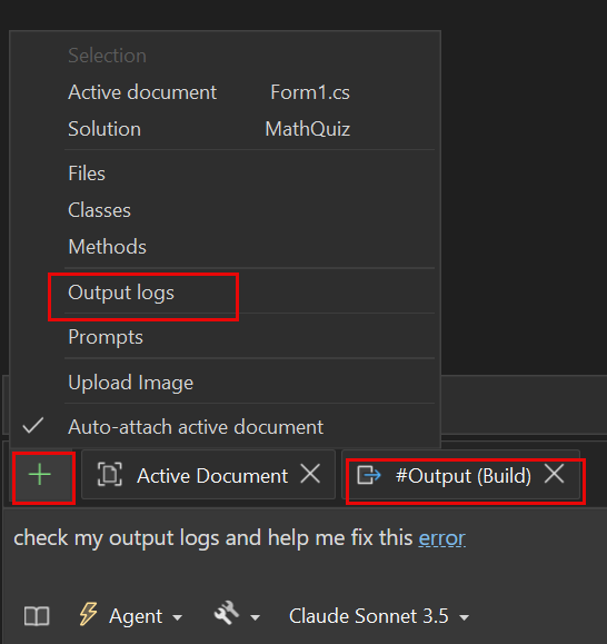 Screenshot of output window as context in Copilot Chat.