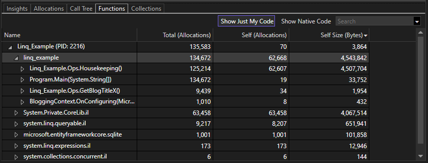 The Functions view Screenshot of the Functions view.