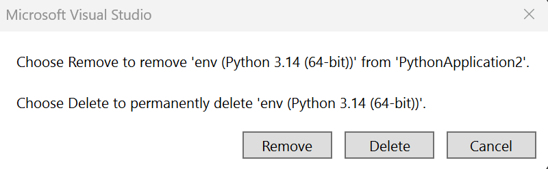 Screenshot that shows how to delete or remove a Python environment.