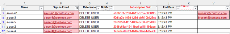 Screenshot of the template that shows the columns filtered by color. The phrase Delete User has been added to the reference field for each user. Filtered User List