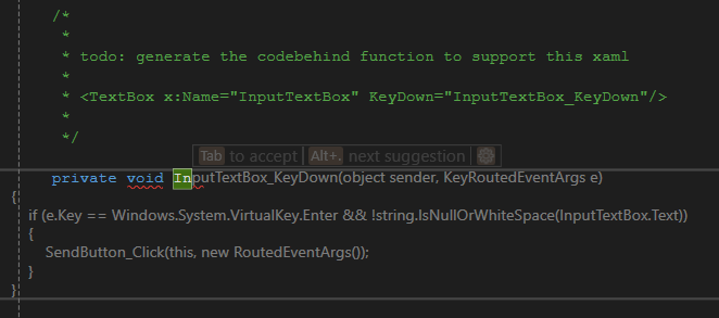 Screenshot that shows the code completion capabilities of GitHub Copilot (context expansion).