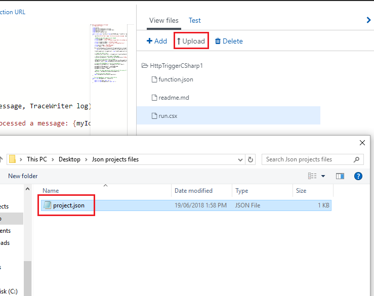 Screenshot that shows the upload button circled in red under View files. In the File Browser, project dot jason is selected.