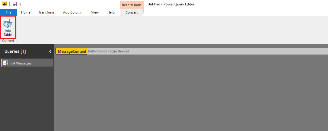 Screenshot that shows the Convert tab in the Power Query Editor. In the top left corner, Into Table is circled in red.