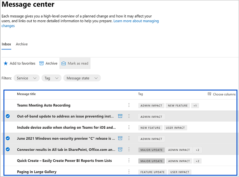 Capture d’écran du tableau de bord du Centre de messages du Centre d’administration Microsoft 365 pour un utilisateur
