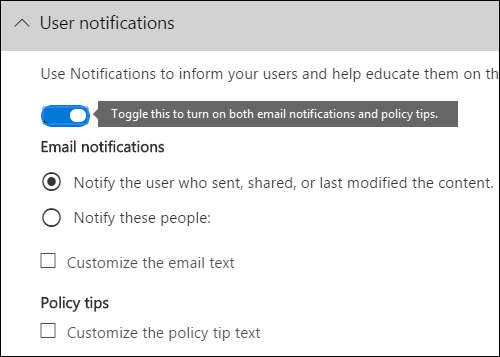 Section Notifications utilisateur de l’éditeur de règles.