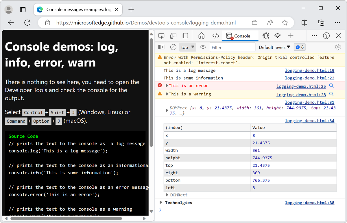 Console pleine de messages provoqués par le code de démonstration