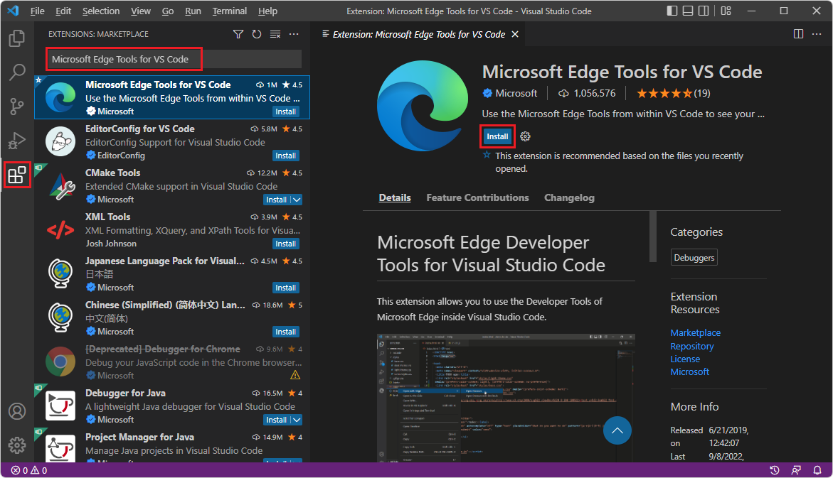 Installation de l’extension Microsoft Edge DevTools pour Visual Studio Code